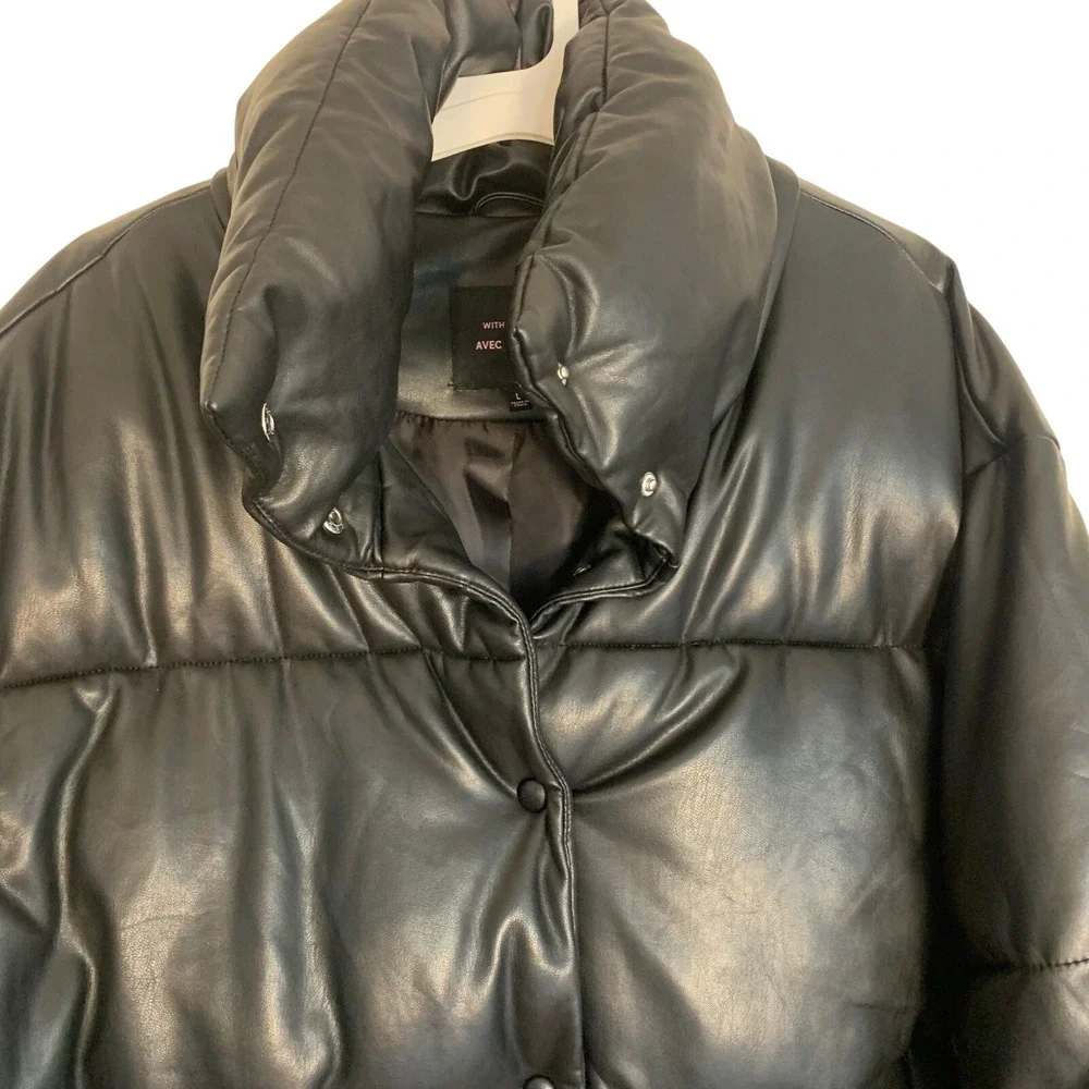 Avec Les Filles Black Puffer Jacket Women's L Large Snap Front Winter Warm Shiny